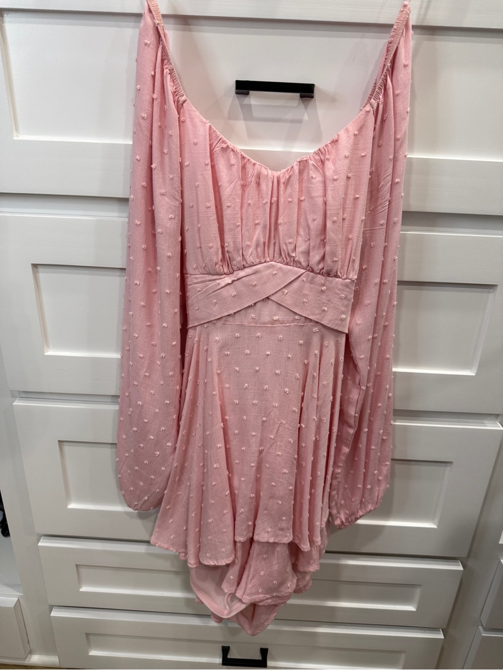 Altar’d State Soft Pink Swiss Dot Long Sleeve Mini Dress with Crossover Waist